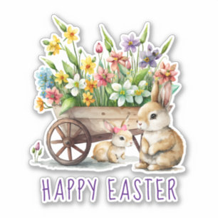 Süße glückliche Osterhasen und Blumen Aufkleber