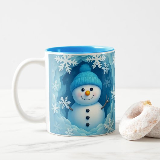 Süße glückliche Schneemann-Gesichtspersonalisierte Zweifarbige Tasse (Mit Donut)