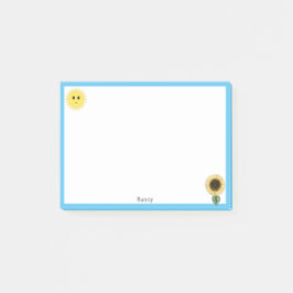 Süße glückliche Sonne, Sonnenblume und hellblauer Post-it Klebezettel
