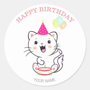 Süße glückliche weiße Katze mit Luftballons Geburt Runder Aufkleber
