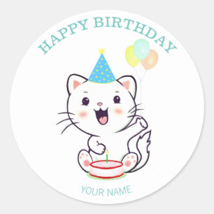 Süße glückliche weiße Katze mit Luftballons zum Ge Runder Aufkleber