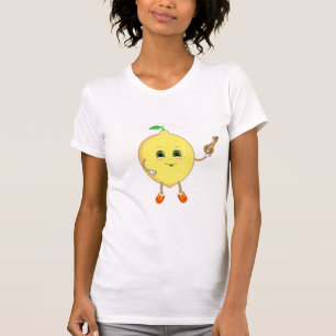Süße glückliche Zitronen-Cartoonfigur mit einem Sc T-Shirt