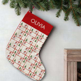 Süße Gnome & Bäume – Leinen-Weihnachtsdesign Kleiner Weihnachtsstrumpf