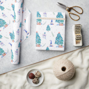 Süße Gnome Wasserfarbe Blaue Weihnachts-Schneebaum Geschenkpapier