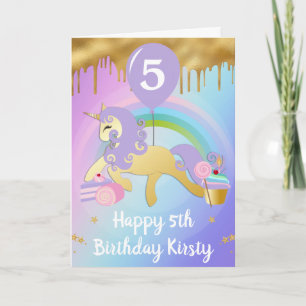 Süße Gold- und Lila-Einhorn-Süßigkeiten Geburtstag Karte