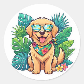 Süße Golden Retriever Sonnenbrille Sommer Tropisch Runder Aufkleber