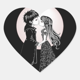 Süße Gothic Emo Kinder küssen sich am Valentinstag Herz-Aufkleber