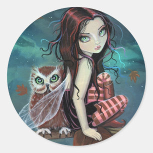 Süße Gothic-Fee und Eulen-Fantasy-Art-Aufkleber Runder Aufkleber