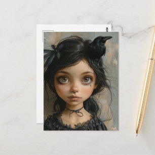 Süße Gothic-Girl mit einem schwarzen Vogel auf dem Postkarte