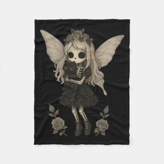 Süße Gothic-Skelett-Fee mit schwarzer Katze Fleecedecke (Vorderseite)