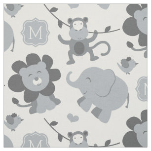 Süße graue Dschungeltiere Baby Monogramm Stoff