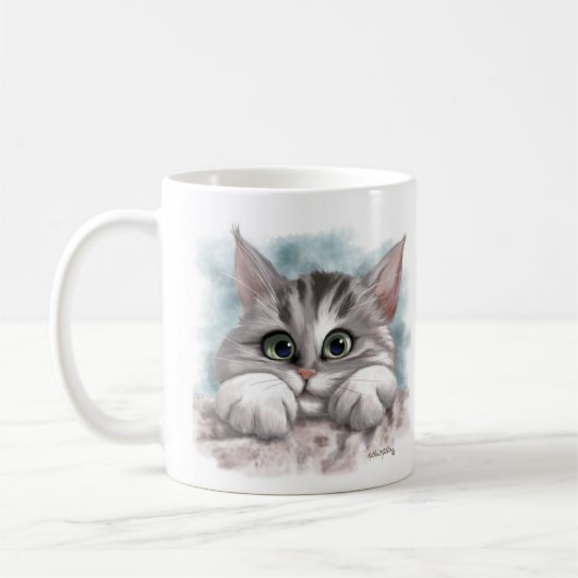 Süße graue getigerte Cartoon-Kätzchen Kaffeetasse (Links)