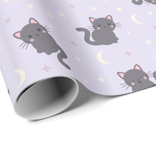 Süße graue Katze lila Geschenkpapier (Rolleneckpunkt)