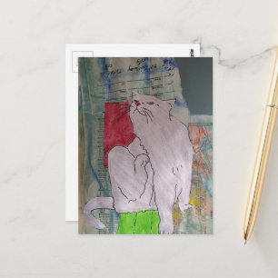 Süße graue Katze Mixed-Media-Collage Postkarte