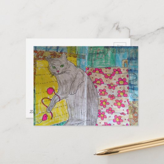 Süße graue Kitty Mixed-Media-Collage Postkarte (Vorderseite/Rückseite Beispiel)
