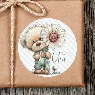Süße graue Streifen Teddy große Daisy Baby-Party Runder Aufkleber