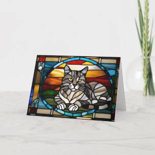 Süße Graue Tabby-Buntglasdarstellung Karte