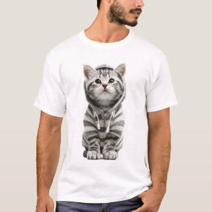 Süße graue Tabby-Kätzchen in gestreifter Kapuzenja T-Shirt