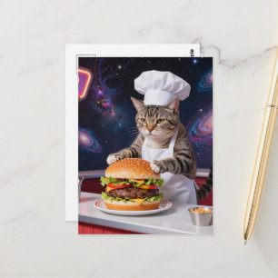 Süße graue Tabby-Katze-Köchin macht Cheeseburger Postkarte