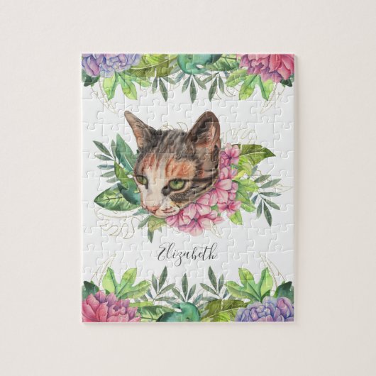 Süße grünäugige Blumenkatze Name Puzzle (Vertikal)