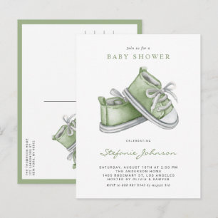 Süße grüne Aquarell-Baby-Schühchen-Baby-Party Einladungspostkarte