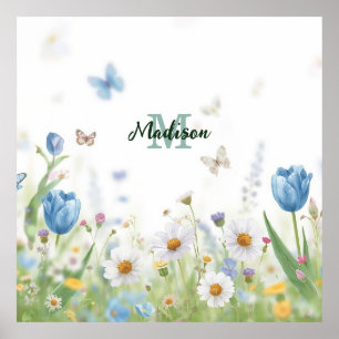 Süße grüne Frühlingsblumen-Wildblumenstrauß Monogr Poster