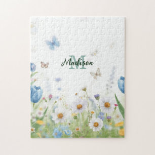 Süße grüne Frühlingsblumen-Wildblumenstrauß Monogr Puzzle
