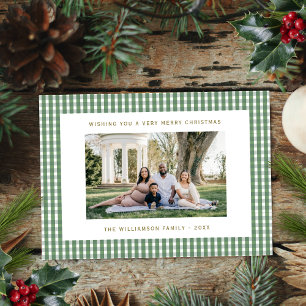 Süße grüne Gingham-Einfamilien-Foto-Weihnachten Feiertagskarte