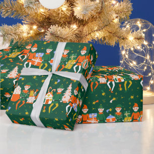 Süße grüne wunderliche Retro-Weihnachtselfen-Muste Geschenkpapier