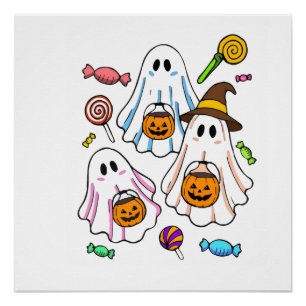 Süße gruselige Halloween-Geister & Süßigkeiten zum Poster