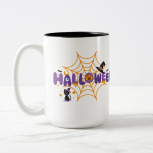 Süße gruselige Halloween-Schwarzkatze- & Spinnenne Zweifarbige Tasse