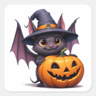 Süße Halloween-Fledermaus mit Kürbis-Hexenhut 🎃 Quadratischer Aufkleber