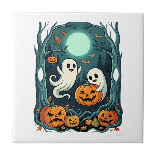 Süße Halloween-Geister und Jack O Lantern Wald (2 Fliese (Vorderseite)