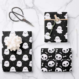 Süße Halloween-Geister- und Totenkopf-Muster Geschenkpapier Set