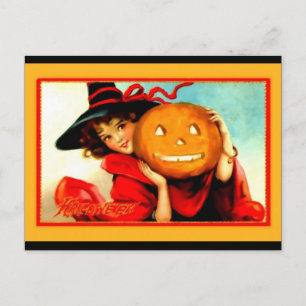 Süße Halloween-Hexe mit Jack O' Lantern Vintage Postkarte