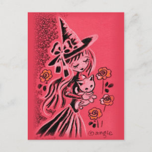 Süße Halloween-Hexe mit Kätzchen Postkarte