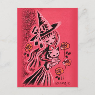 Süße Halloween-Hexe mit Kätzchen Postkarte