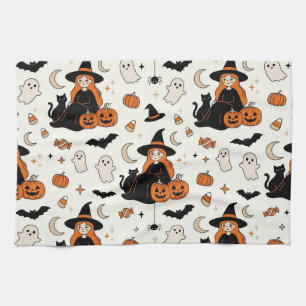 Süße Halloween-Hexen und schwarze Katzen Geschirrtuch