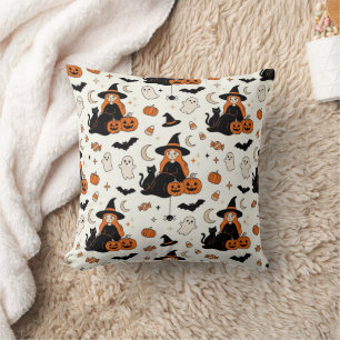 Süße Halloween-Hexen und schwarze Katzen Kissen