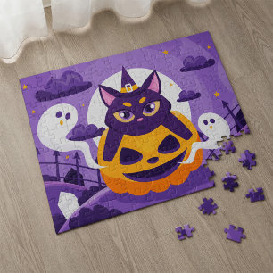 Süße Halloween-Hexenkatze und Kürbis mit Geistern Puzzle