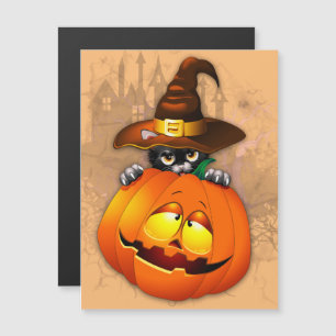 Süße Halloween-Katze Hexe und Kürbisfreund  Magnetkarte