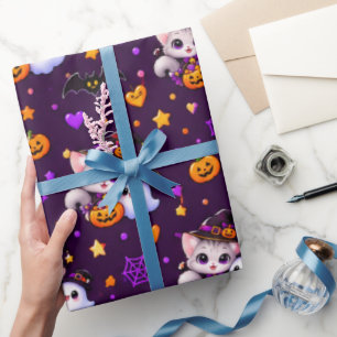 Süße Halloween-Katze und Geist Lila Orange Geschen Geschenkpapier