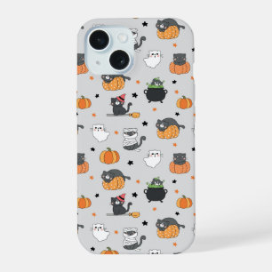 Süße Halloween-Katzen und Geister-Muster iPhone 15 Hülle
