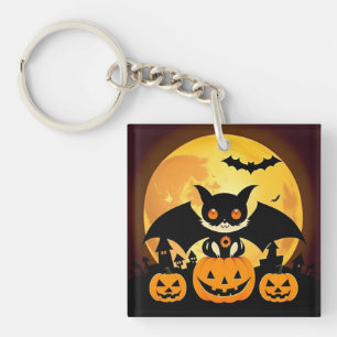 Süße Halloween-Katzenfigur mit Kürbissen Schlüsselanhänger