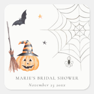 Süße Halloween-Kürbis-Spinnennetz-Brautdusche Quadratischer Aufkleber
