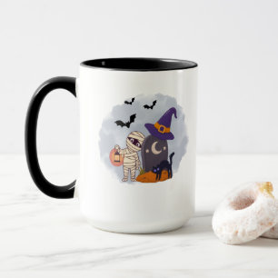 Süße Halloween-Mumie und schwarze Katzenhexen-Illu Tasse