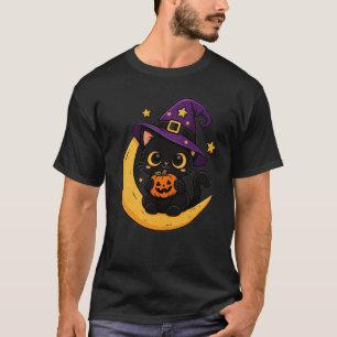 Süße Halloween-Schwarze Katze auf zunehmendem Mond T-Shirt