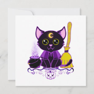 Süße Halloween-Schwarze-Katze-Hexe Einladung