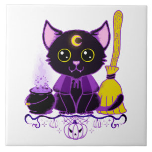 Süße Halloween-Schwarze-Katze-Hexe Fliese