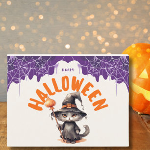 Süße Halloween-Schwarze Katze in einem Hexenhut Feiertagspostkarte